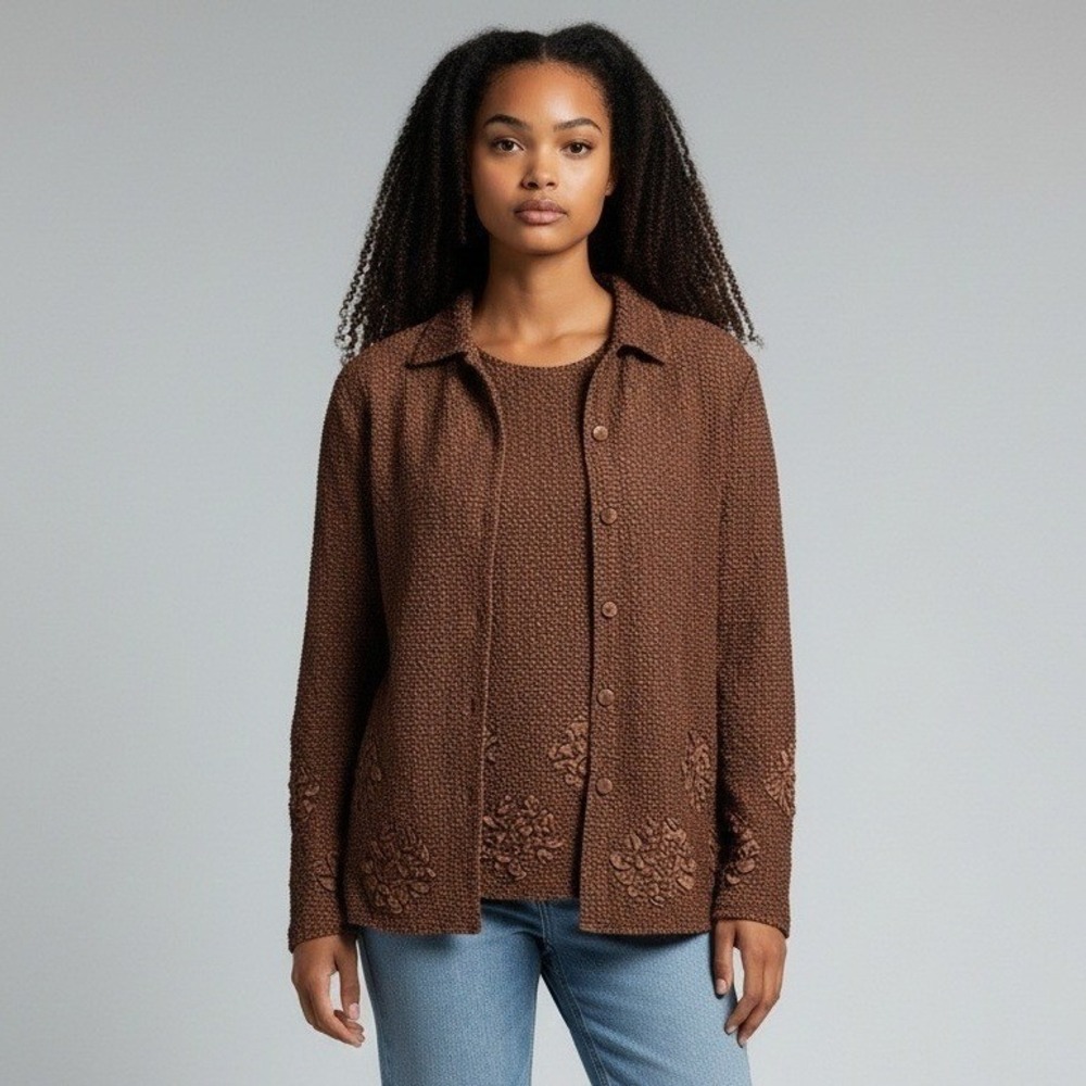 Step In Style Brown Popcorn Crinkle 2 Piece Jacket‎ and Shell Set 3D Floral S